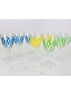 Vintage 1950s dessert glasses, set of 8, VCM Reims France, Harlequin pattern